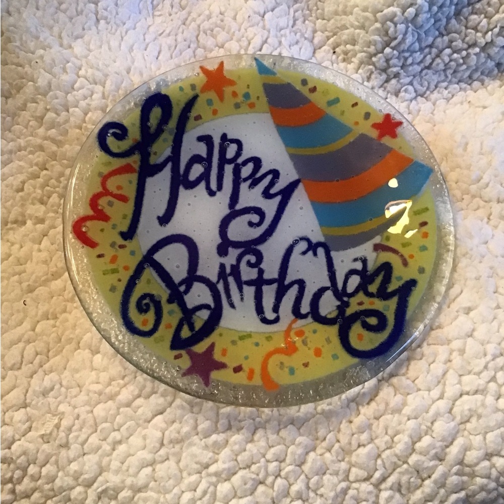NWOT Stunning Rare Peggy Karr Birthday Glass Plate 8” round